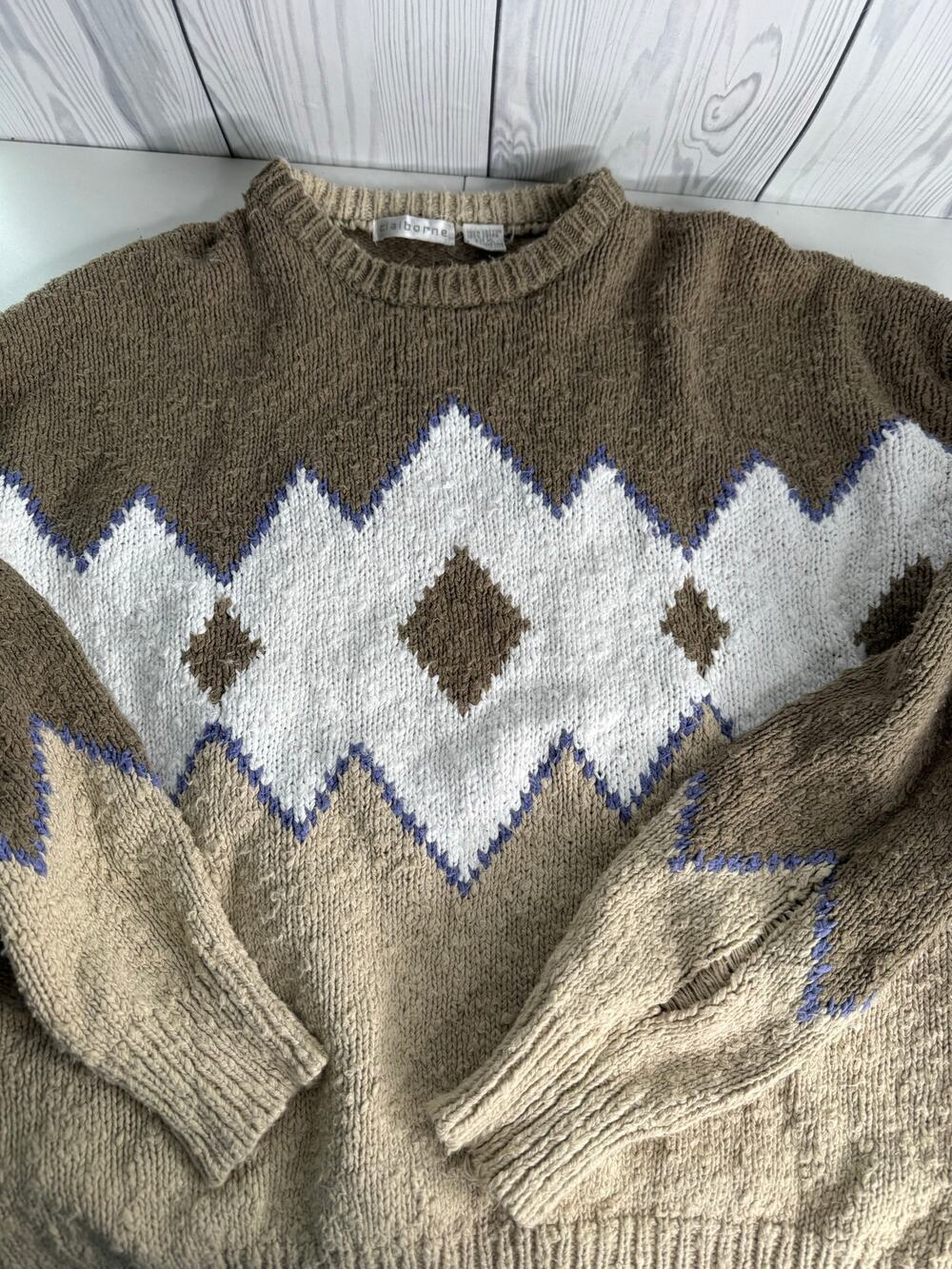 Vintage Claiborne Knit Sweater XL Hong Kong Geometric Pattern 90s Textured
